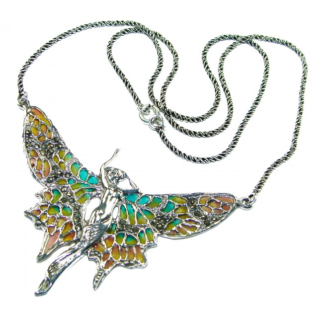 Awesome Flying Fairy Natural Enamel .925 Silver handcrafted Necklace