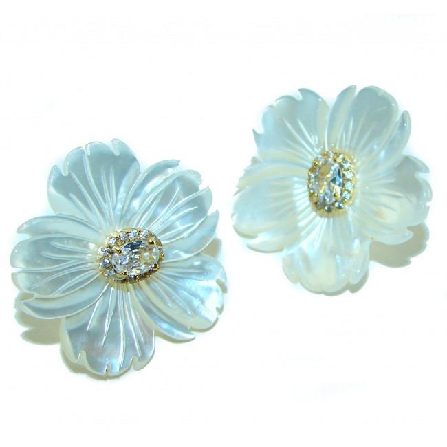 Genuine Blister Pearl 0.2 carat lab grown Diamond 18K Gold over .925 Sterling Silver handcrafted Statement Earrings