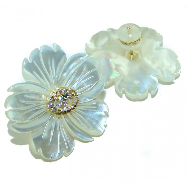 Genuine Blister Pearl 0.2 carat lab grown Diamond 18K Gold over .925 Sterling Silver handcrafted Statement Earrings