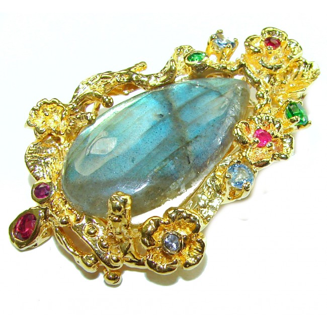 Magical Aurora 38.5 carat Fire Labradorite 2 tones .925 Sterling Silver handcrafted Pendant Brooch