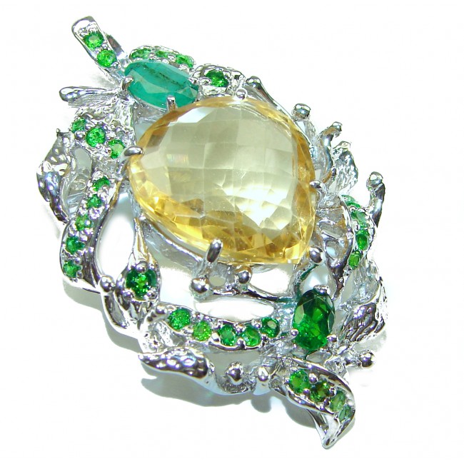 Vintage Design Genuine 18.5 carat Lemon Quartz 9.8 carat Colombian Emerald .925 Sterling Silver handmade Pendant - Brooch - photo 4