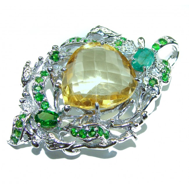 Vintage Design Genuine 18.5 carat Lemon Quartz 9.8 carat Colombian Emerald .925 Sterling Silver handmade Pendant - Brooch - photo 3