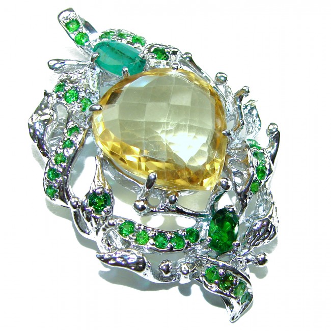 Vintage Design Genuine 18.5 carat Lemon Quartz 9.8 carat Colombian Emerald .925 Sterling Silver handmade Pendant - Brooch - photo 2