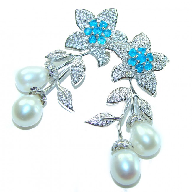 Precious white freshwater Pearl Apatite .925 Sterling Silver handcrafted earrings - photo 2