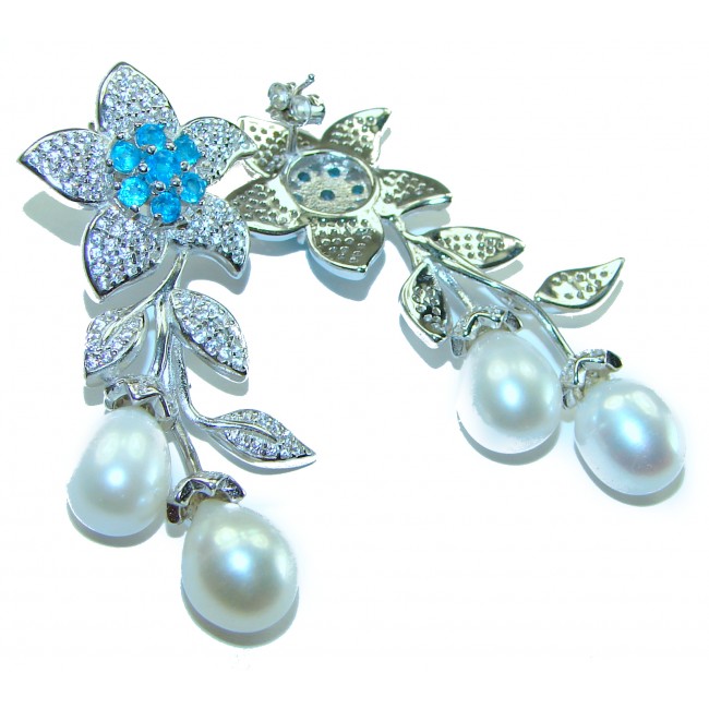 Precious white freshwater Pearl Apatite .925 Sterling Silver handcrafted earrings - photo 1