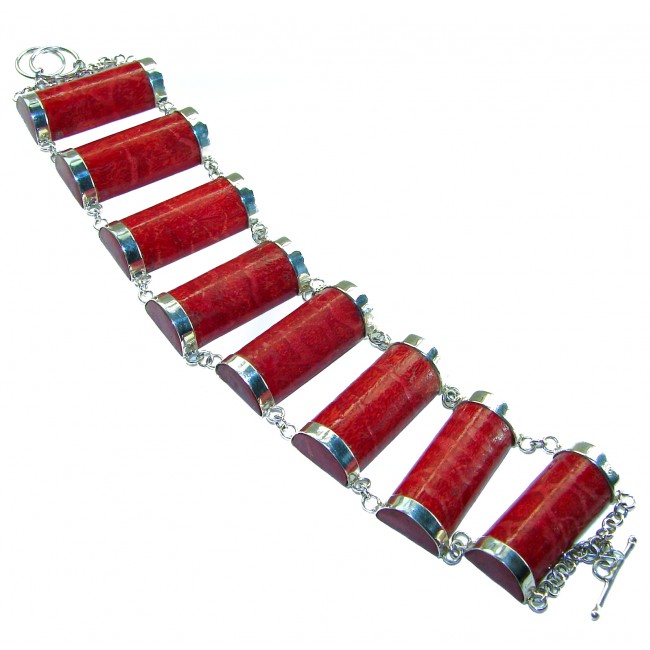 Precious Red Fossilized Coral .925 Sterling Silver handcrafted Large Bali Bracelet
