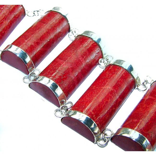 Precious Red Fossilized Coral .925 Sterling Silver handcrafted Large Bali Bracelet