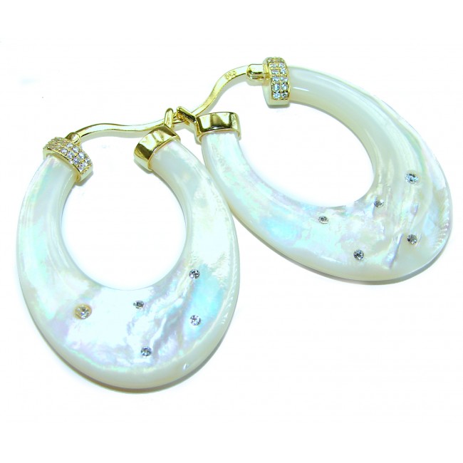 Genuine Blister Pearl 0.2 carat lab grown Diamond 18K Gold over .925 Sterling Silver handcrafted Statement Earrings - photo 4