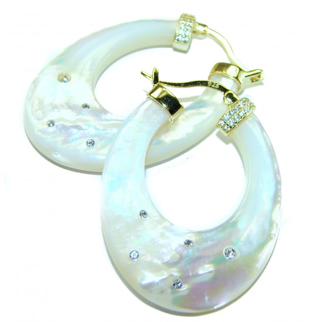 Genuine Blister Pearl 0.2 carat lab grown Diamond 18K Gold over .925 Sterling Silver handcrafted Statement Earrings - photo 3