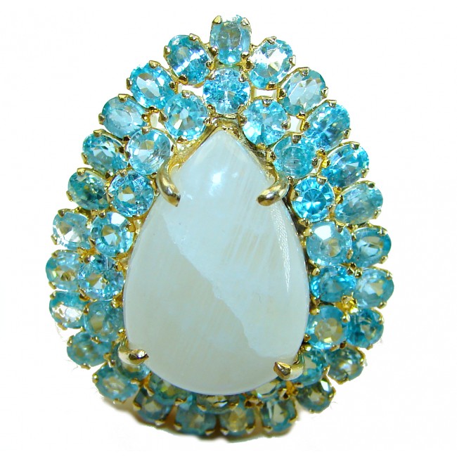 Moonlight Huge - 55.8 carat Rainbow Moonstone 14K Gold over .925 Sterling Silver handmade Statement Ring size 6 1/4