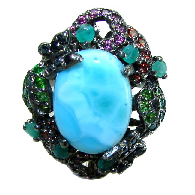 Precious authentic 10.5 carat Blue Larimar black rhodium over .925 Sterling Silver handmade ring size 7 3/4 - photo 2
