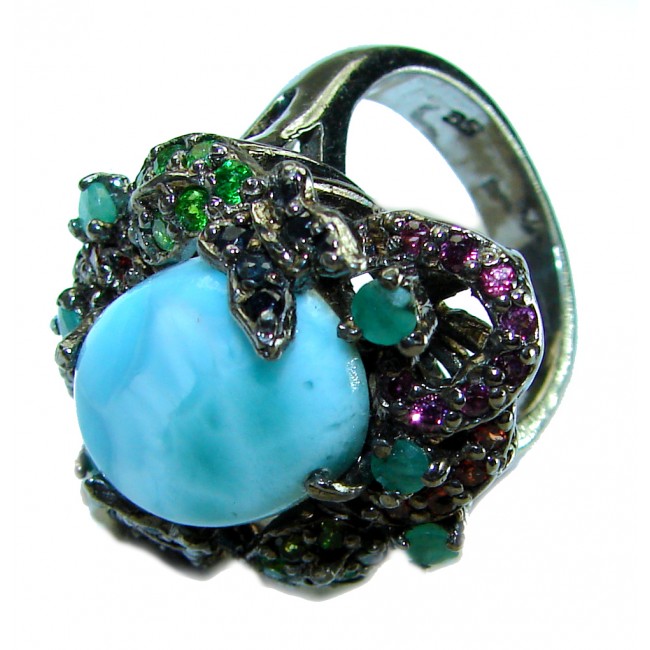 Precious authentic 10.5 carat Blue Larimar black rhodium over .925 Sterling Silver handmade ring size 7 3/4 - photo 1