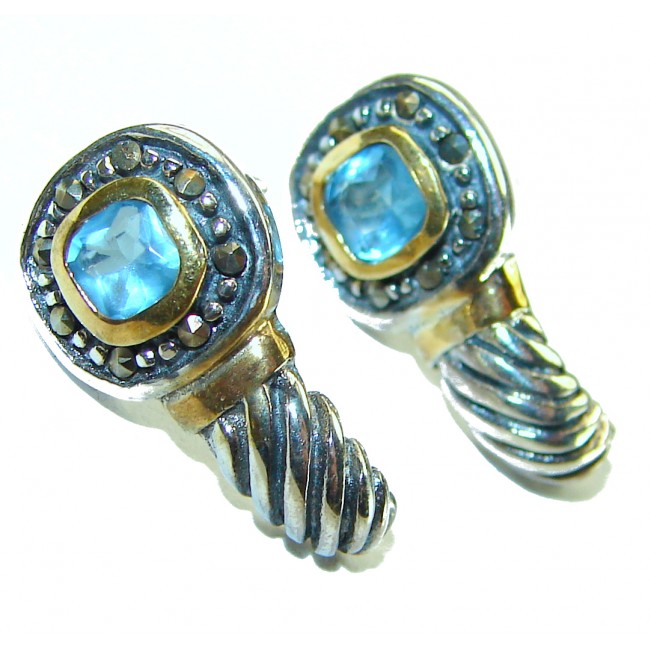 Seaside 2.5 carat Swiss Blue Topaz 2 tones .925 Sterling Silver handmade earrings - photo 3