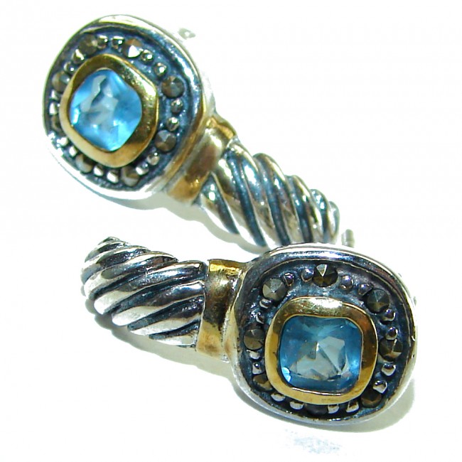 Seaside 2.5 carat Swiss Blue Topaz 2 tones .925 Sterling Silver handmade earrings - photo 2