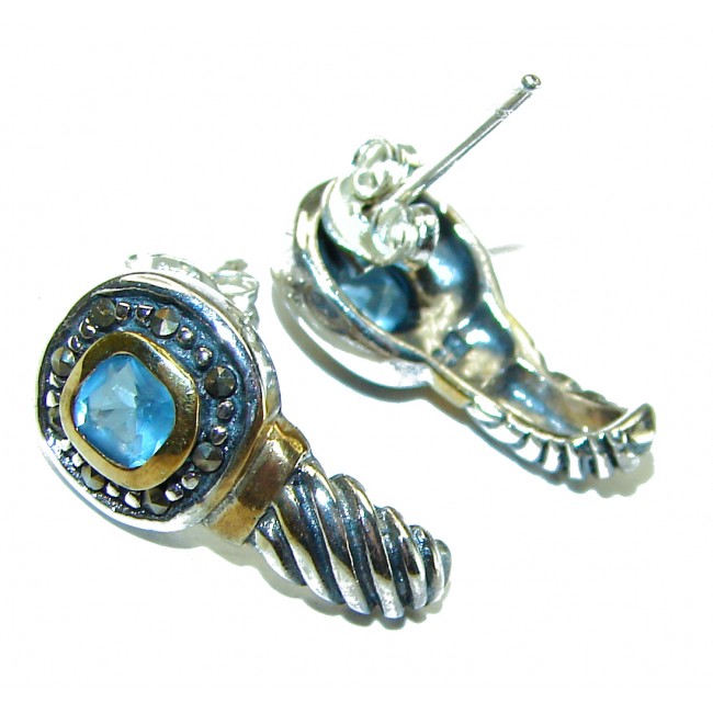 Seaside 2.5 carat Swiss Blue Topaz 2 tones .925 Sterling Silver handmade earrings - photo 1