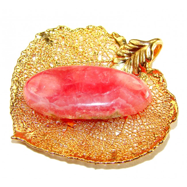 Stylish REAL Leaf Coved with Sterling Silver and 14K Gold Rhodochrosite & .925 Sterling Silver Pendant