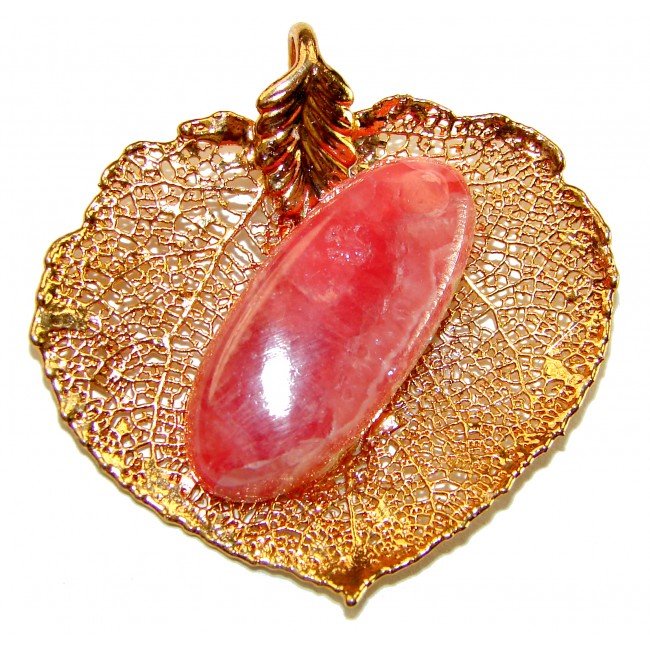 Stylish REAL Leaf Coved with Sterling Silver and 14K Gold Rhodochrosite & .925 Sterling Silver Pendant