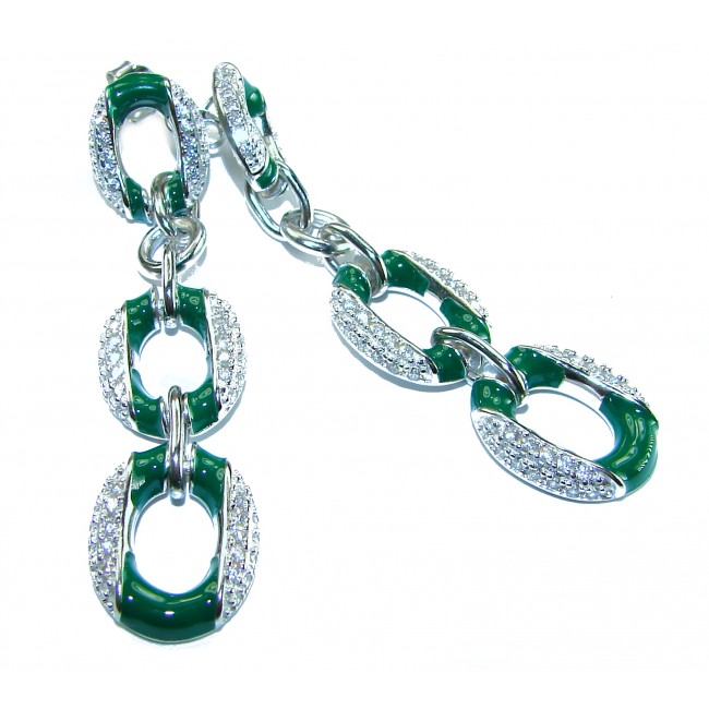 5.5 carat White Sapphire green enamel .925 Sterling Silver handcrafted Chain earrings - photo 4