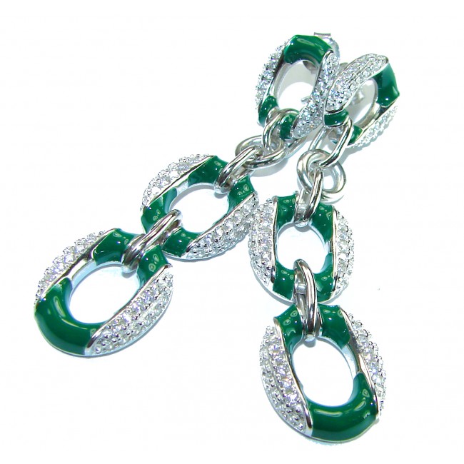 5.5 carat White Sapphire green enamel .925 Sterling Silver handcrafted Chain earrings - photo 3