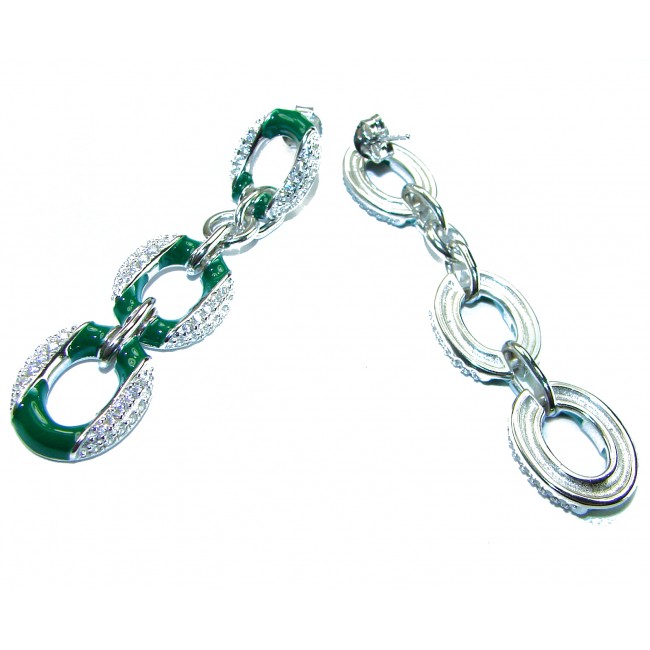5.5 carat White Sapphire green enamel .925 Sterling Silver handcrafted Chain earrings - photo 2