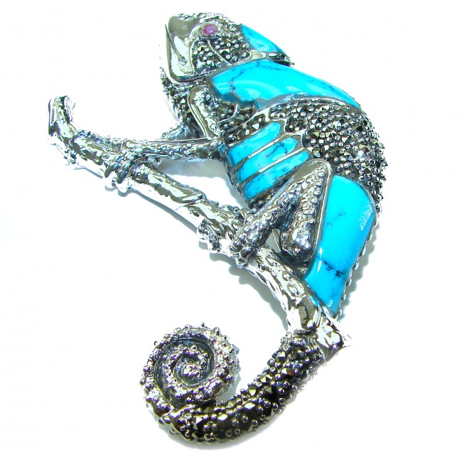 Spectacular Big Chameleon Lizard inlay Turquoise .925 Sterling Silver handmade Brooch