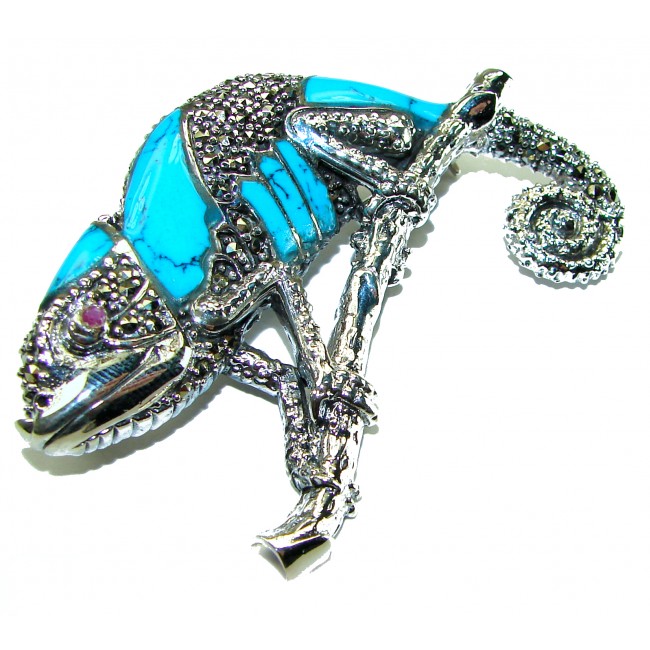 Spectacular Big Chameleon Lizard inlay Turquoise .925 Sterling Silver handmade Brooch