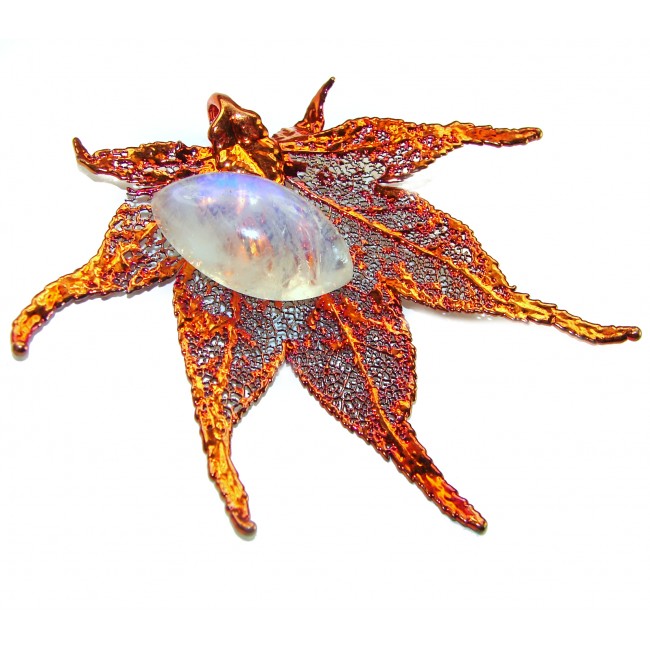 LARGE Stylish REAL Leaf Coved with Sterling Silver and 14K Gold Moonstone & .925 Sterling Silver Pendant
