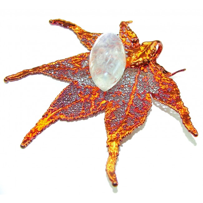 LARGE Stylish REAL Leaf Coved with Sterling Silver and 14K Gold Moonstone & .925 Sterling Silver Pendant