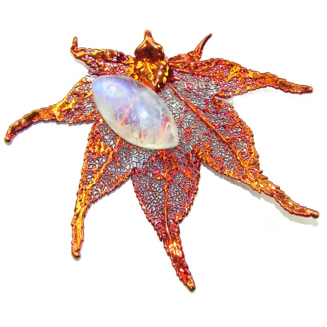 LARGE Stylish REAL Leaf Coved with Sterling Silver and 14K Gold Moonstone & .925 Sterling Silver Pendant