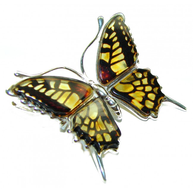 Golden Butterfly Baltic Polish Amber .925 Sterling Silver handcrafted Pendant / Brooch - photo 3