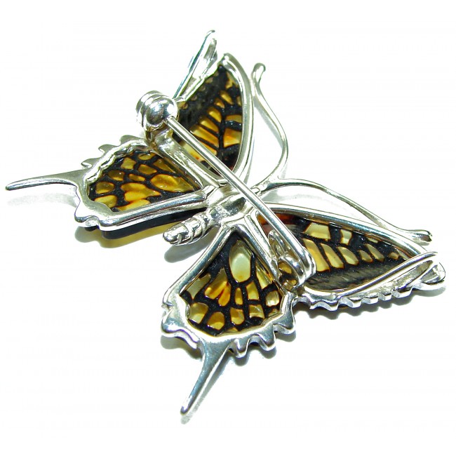 Golden Butterfly Baltic Polish Amber .925 Sterling Silver handcrafted Pendant / Brooch - photo 1
