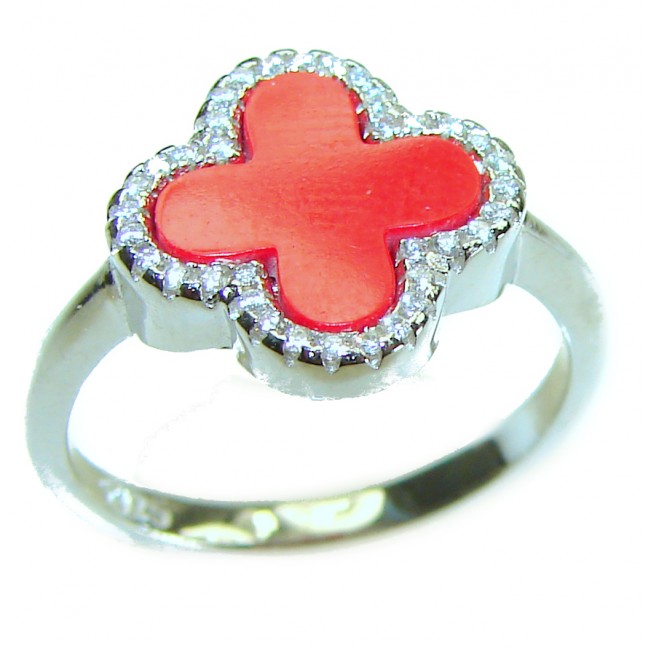 A four-leaf clover Coral .925 Sterling Silver handcrafted ring s. 8