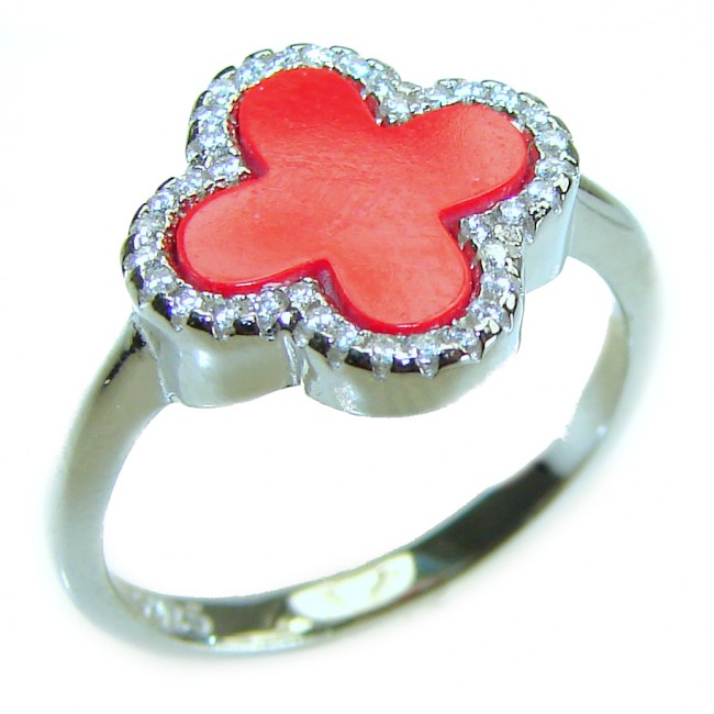 A four-leaf clover Coral .925 Sterling Silver handcrafted ring s. 8