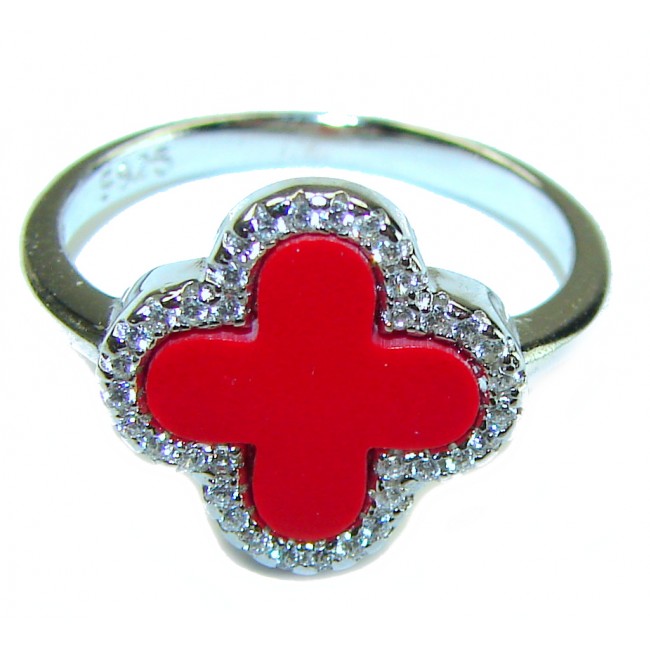 A four-leaf clover Coral .925 Sterling Silver handcrafted ring s. 8