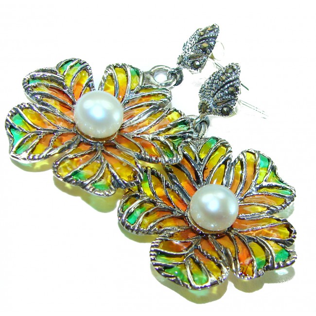 Masterpiece! Authentic Pearl Enamel .925 Sterling Silver handcrafted earrings - photo 4