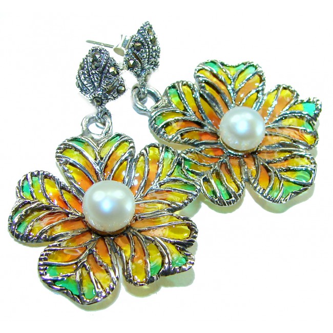 Masterpiece! Authentic Pearl Enamel .925 Sterling Silver handcrafted earrings - photo 3