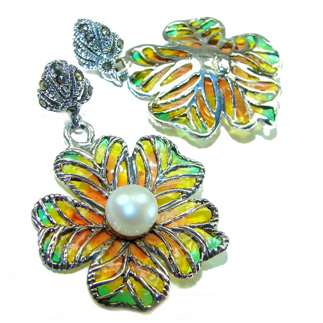 Masterpiece! Authentic Pearl Enamel .925 Sterling Silver handcrafted earrings - photo 2