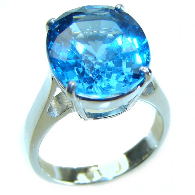 Blue Planet 10.5 carat Fancy oval cut Swiss Blue Topaz .925 Sterling Silver handmade Ring size 6 3/4