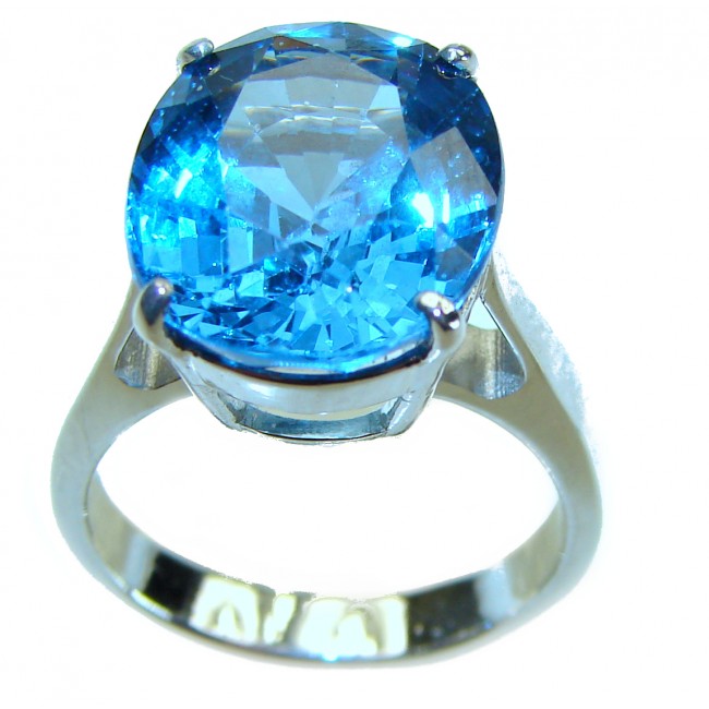 Blue Planet 10.5 carat Fancy oval cut Swiss Blue Topaz .925 Sterling Silver handmade Ring size 6 3/4