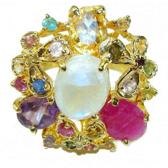 Moonlight Authentic Fire Moonstone 14k Gold over .925 Sterling Silver handmade Statement ring s. 7