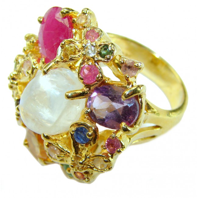 Moonlight Authentic Fire Moonstone 14k Gold over .925 Sterling Silver handmade Statement ring s. 7