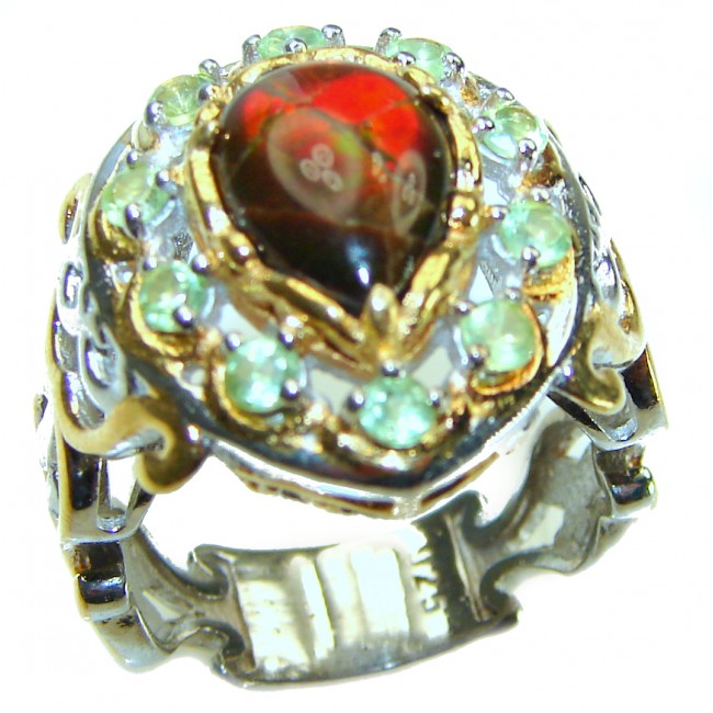 Outstanding Genuine 4.8 carat Canadian Ammolite 2 tones .925 Sterling Silver handmade ring size 8