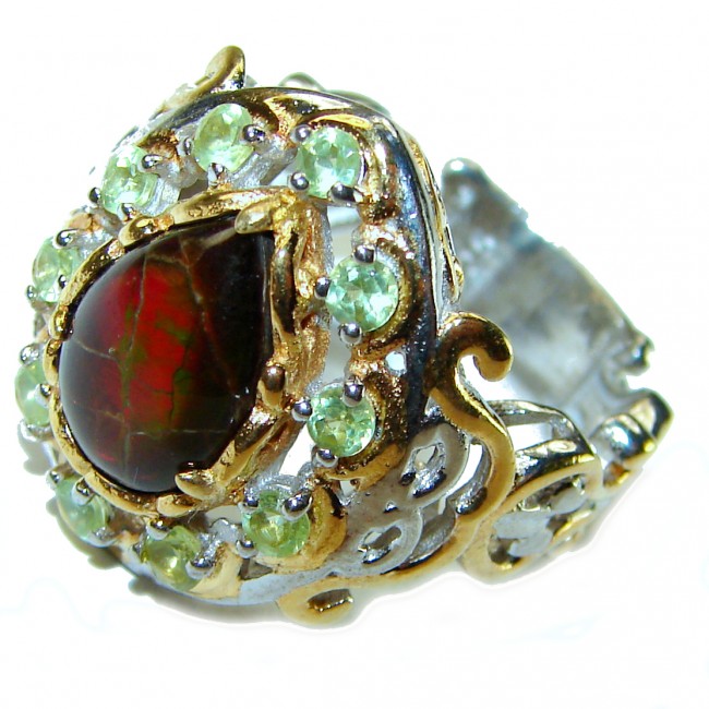 Outstanding Genuine 4.8 carat Canadian Ammolite 2 tones .925 Sterling Silver handmade ring size 8