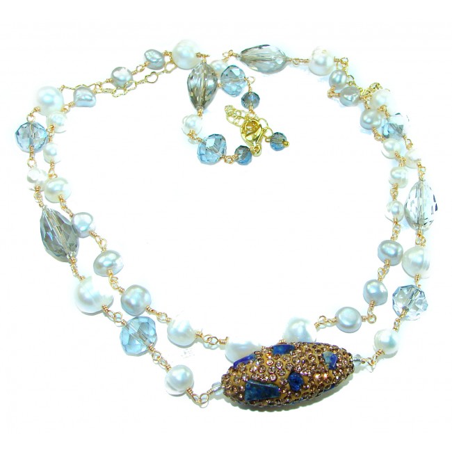 Precious genuine Mother of Pearl London Blue Topaz .925 Sterling Silver handcrafted Necklace - photo 3