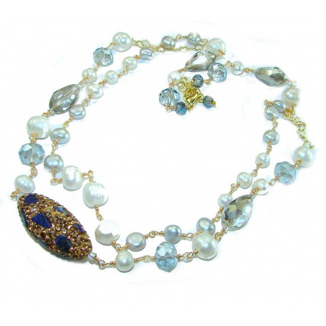 Precious genuine Mother of Pearl London Blue Topaz .925 Sterling Silver handcrafted Necklace - photo 2