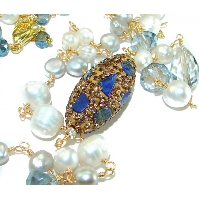 Precious genuine Mother of Pearl London Blue Topaz .925 Sterling Silver handcrafted Necklace - photo 1