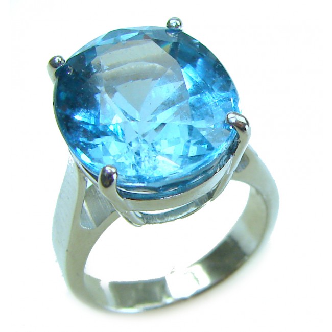 Blue Planet 10.5 carat Fancy oval cut Swiss Blue Topaz .925 Sterling Silver handmade Ring size 5 3/4