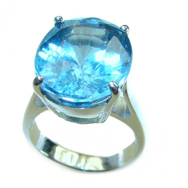 Blue Planet 10.5 carat Fancy oval cut Swiss Blue Topaz .925 Sterling Silver handmade Ring size 5 3/4