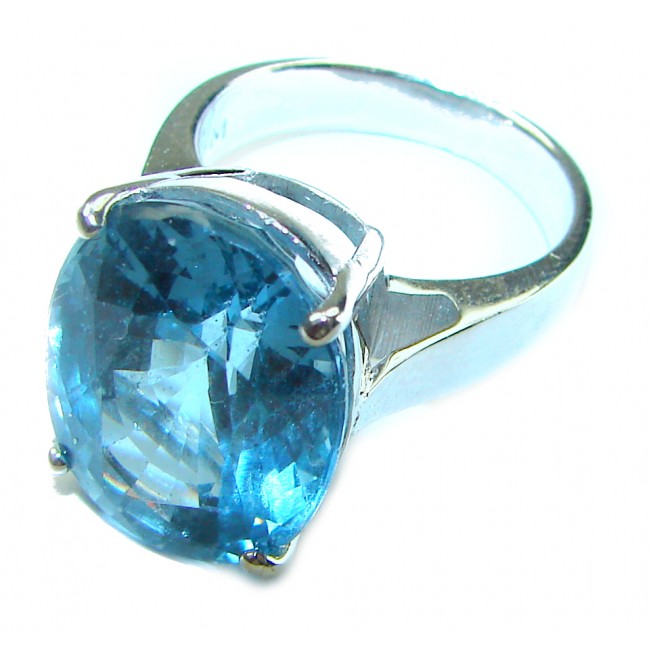 Blue Planet 10.5 carat Fancy oval cut Swiss Blue Topaz .925 Sterling Silver handmade Ring size 5 3/4