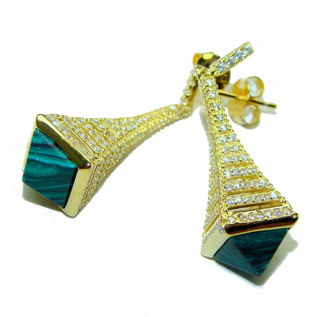 Outstanding authentic 5.2 carat Malachite 18K Gold over .925 Sterling Silver Earrings